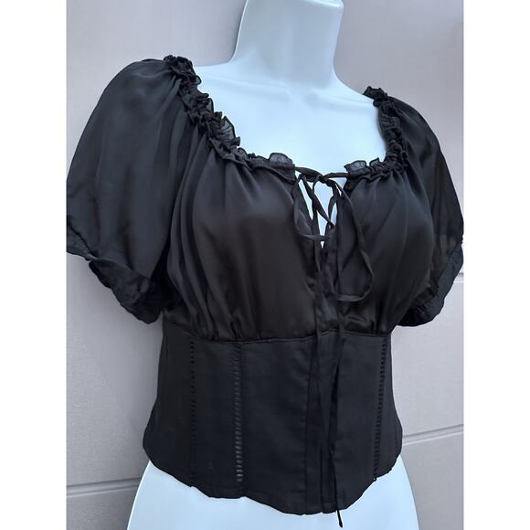Bebe Black Silk Linen Corset Top Off The Shoulder Y2K Milkmaid Coquette Sz 4 - Picture 15 of 15